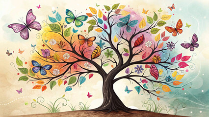 Obraz premium The Enchanted Butterfly Tree: A Vibrant Symphony of Colors wallpaper background 