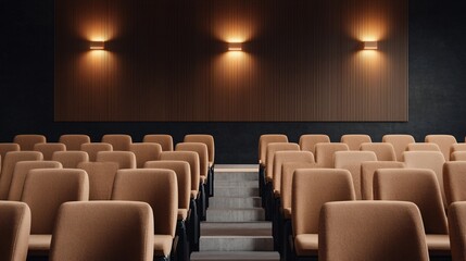 Obraz premium Empty auditorium seats awaiting audience for upcoming film screening modern cinema hall interior design comfortable environment wide-angle view cinematic experience