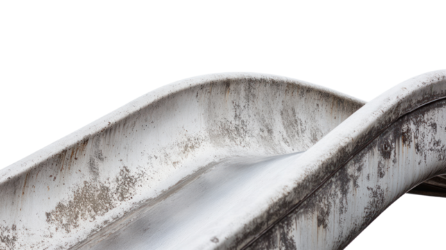 A worn-out, weathered children's slide featuring smooth curves and a white surface, isolated on a transparent background.