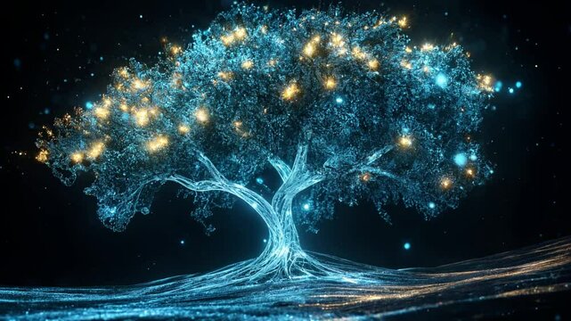 Glowing Tree of Life: Abstract Particle Animation Background Loop - 4k Fantasy Nature Magic Tree with Golden Light Effects Video Footage