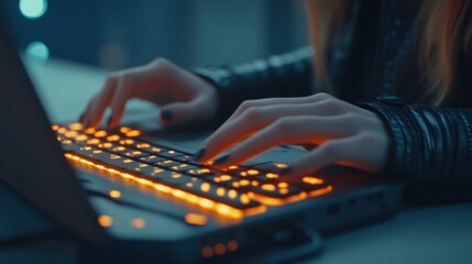 Woman's hands typing on a backlit laptop keyboard at night.