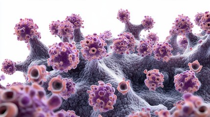 A close-up photorealistic image of a virus surface, highly textured, scientifically accurate, isolated on white background.