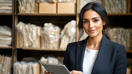 Happy Indian woman works from home, using a tablet while standing at a desk filled with fashion items in an elegant office