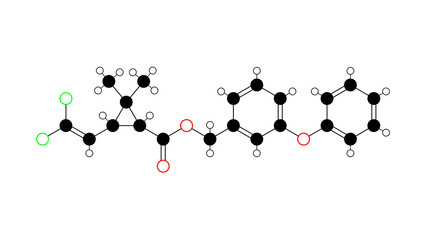 permethrin molecule, structural chemical formula, ball-and-stick model, isolated image insecticide
