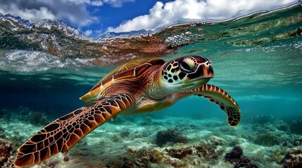 Naklejka premium Discover the elegance of a green sea turtle in its marine habitat.