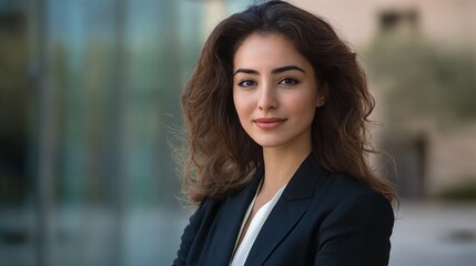 Fototapeta premium A young woman with long brown hair and dark eyes wearing a white top underneath a navy blazer standing outside of an urban building.