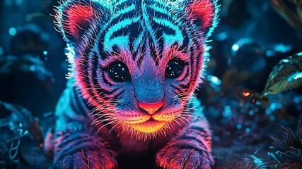 Neon Tiger Cub in Vibrant Jungle, rainforest, colorful, bright, glowing, fantasy - Powered by Adobe