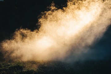 Fototapeta premium A wispy cloud of golden mist illuminated by sunlight, creating an ethereal atmosphere in a darkened environment.