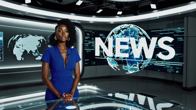 Professional news anchor presents breaking news in a modern television studio, utilizing interactive holographic technology and a sleek, futuristic design
