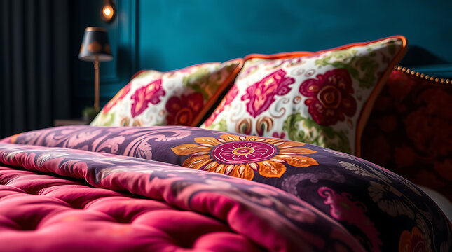 Bohemian Rhapsody: A Luxurious Bedroom Escape with Vibrant Floral Bedding and Exquisite Textile Design - Powered by Adobe