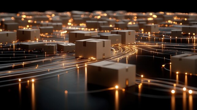 Illustration shows a network design featuring icons on cardboard boxes in a warehouse, highlighting logistics and supply chain processes.