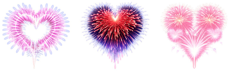 Obraz premium Set of pink and dark purple heart shaped fireworks on a transparent background