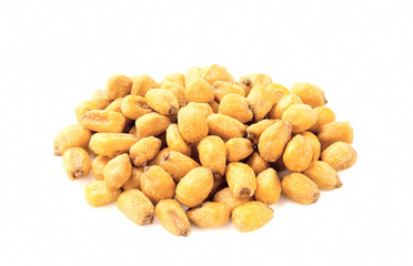 Roasted salted corn nuts, isolated on white background.