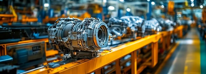 Efficient production assembly line for automotive engines.