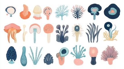 A collection of microscopic organisms, flat graphic design, retro-inspired color scheme, isolated on white background 