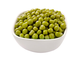 Marinated green peas in bowl isolated on white background.