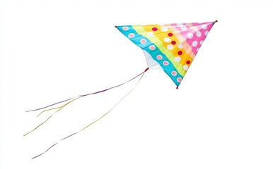 Fototapeta premium A colorful kite with a rainbow pattern and polka dots is flying in the air