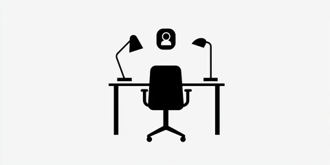 A minimalist office icon featuring a chair, desk, and lamp, symbolizing a corporate environment.