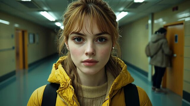 Young Woman in Yellow Jacket in Corridor, girl, female, teenager, portrait, face
