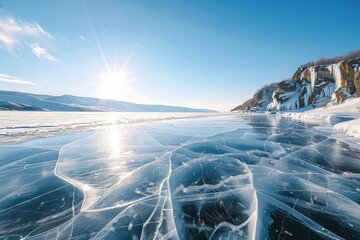 Frozen lake with cracked ice surface and icicle-covered cliffs under a bright winter sun. Scenic landscape with snowy mountains and blue sky.