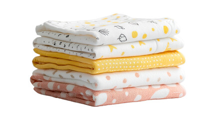 A stack of colorful baby blankets featuring playful patterns of dots and stripes, perfect for any nursery setting.