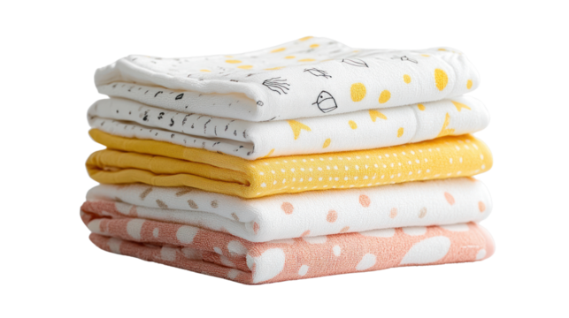 A stack of colorful baby blankets featuring playful patterns of dots and stripes, perfect for any nursery setting.