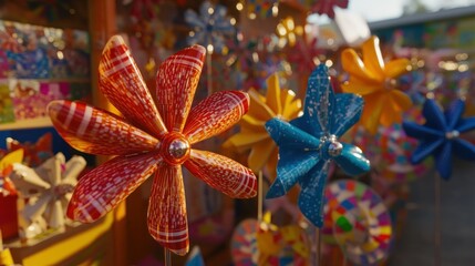 Fototapeta premium A vibrant fairground stall filled with pinwheel toys in every color