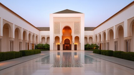 Luxury hotel interior showcasing exclusive architecture Elegant courtyard with intricate architectural details and reflections.