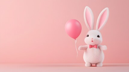 Obraz premium Adorable Plush Bunny Holding Floating Balloon on Pastel Peach Background 3D