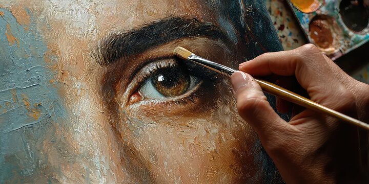 A painter artist using fine brushes to apply details to a canvas, creating a portrait in an art studio.