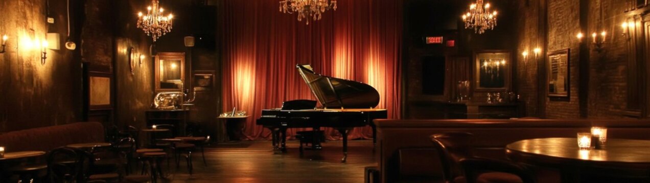A dimly lit jazz club exuding an atmospheric vibe.