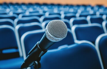 A microphone is placed on a blue chair in a large room