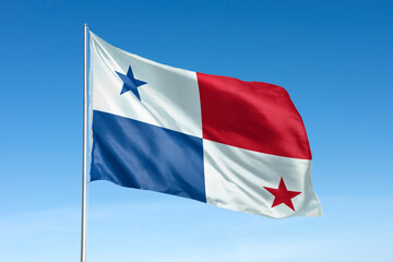 Waving Panama flag, national symbol, blue sky