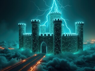 Cybersecurity castle illuminated by electric lightning in a dark, ethereal landscape with glowing pathways and ominous clouds