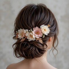 Naklejka premium A woman's hair in mocha brown color from behind in an elegant hairstyle decorated with flowers