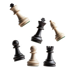 Falling chess pieces on the board isolated on transparent background