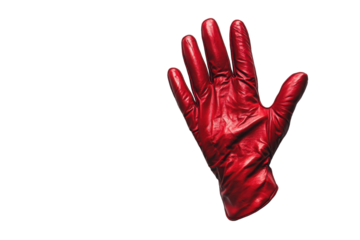 Bright red glove displayed against a white background showcasing its detailed design and vibrant color