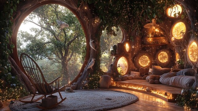 Magical treehouse interior with glowing windows, cozy seating, and whimsical decor.