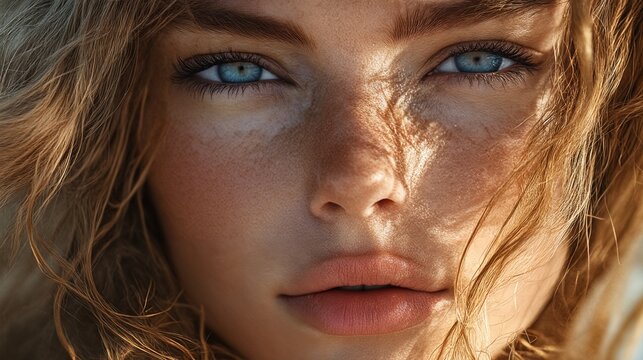 Close-up of a woman's face with long blonde hair and blue eyes.