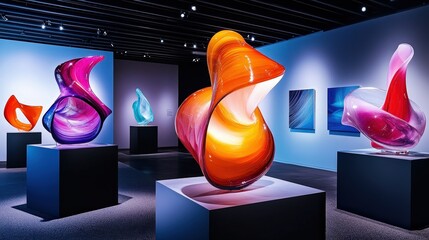 A contemporary art showcase featuring futuristic abstract sculptures.