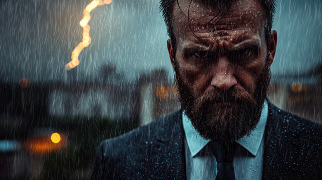 Man in a suit standing on a rainy rooftop at night with dramatic lightning and deep emotional expression