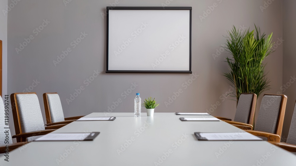Poster Empty meeting room setup for a business presentation with projector and chairs