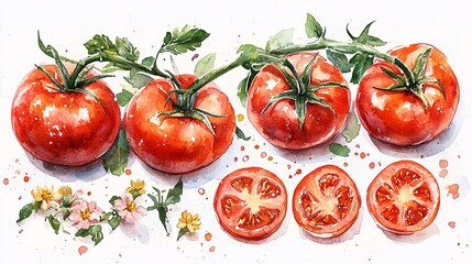 Fototapeta premium Watercolor clipart of a vibrant tomato garden with plump tomatoes on the vine, fresh slices, and blooming flowers, ideal for garden-themed projects.