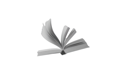 Open book with pages in motion, displaying an artistic representation of knowledge and imagination. Ideal for educational or literary themes.