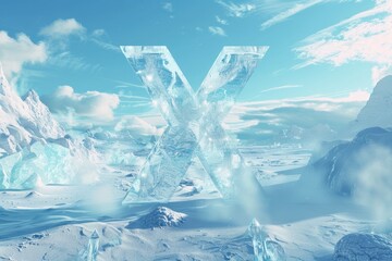 Obraz premium 3D letter X made of transparent ice on a snowy landscape with bright sky and clouds. Winter typography concept.
