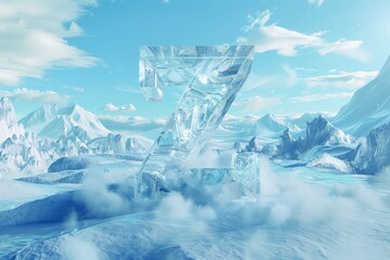 3D number 7 made of transparent ice on a snowy landscape with bright sky and clouds. Winter typography concept.