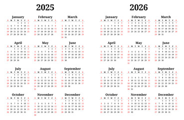 2025 and 2026 year english vector calendars 12 months