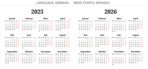 2025, 2026 german calendars. Printable vector illustration set for Germany