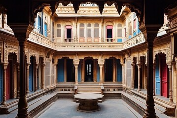 Fototapeta premium Stunning view of an Indian haveli showcasing traditional architecture.