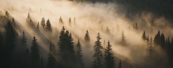Fototapeta premium A misty forest scene with tall evergreen trees, illuminated by soft light, creating a serene and enchanting atmosphere.